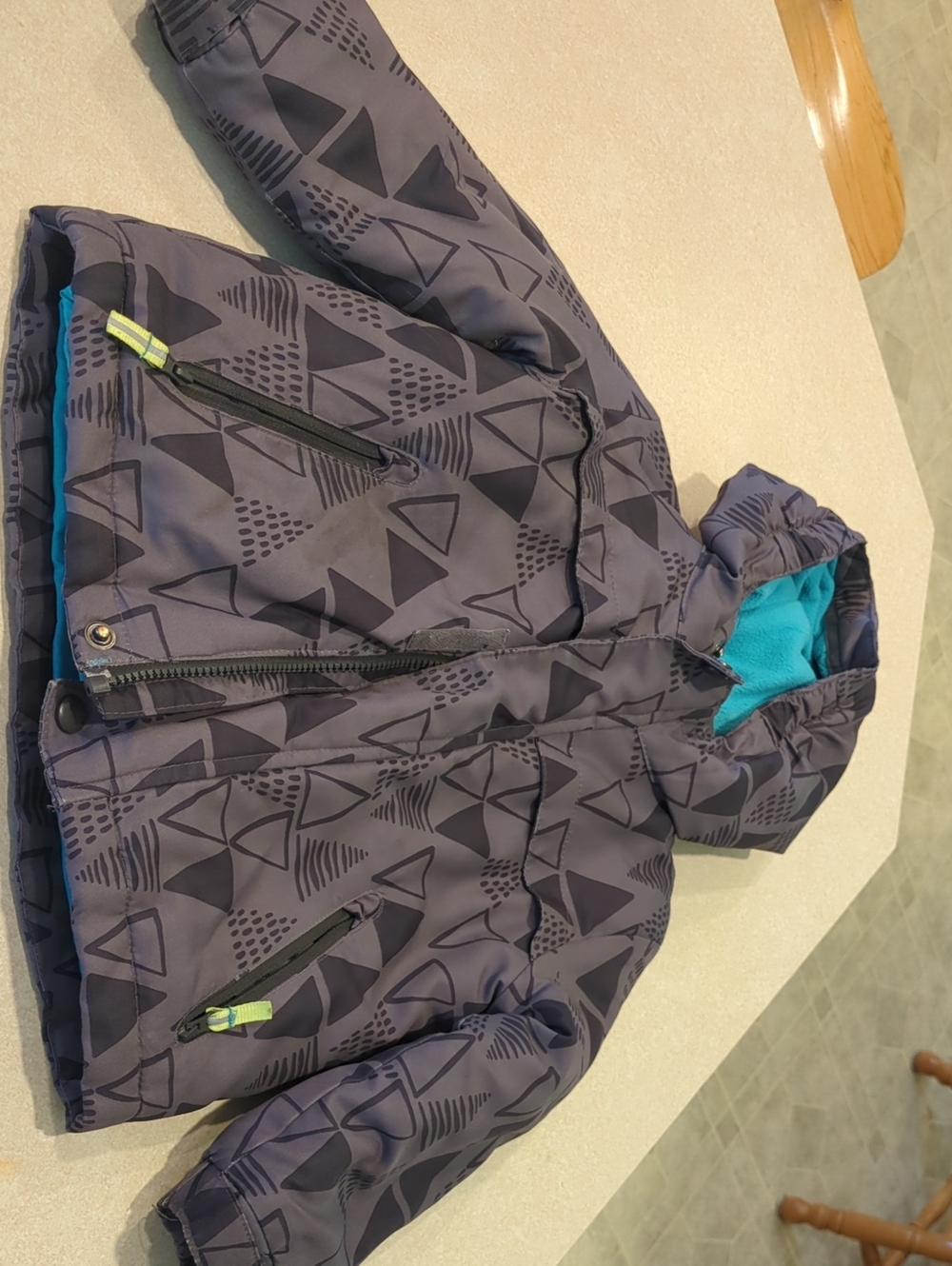 Cat & Jack Navy Geometric Hooded Puffer with Turquoise Lining